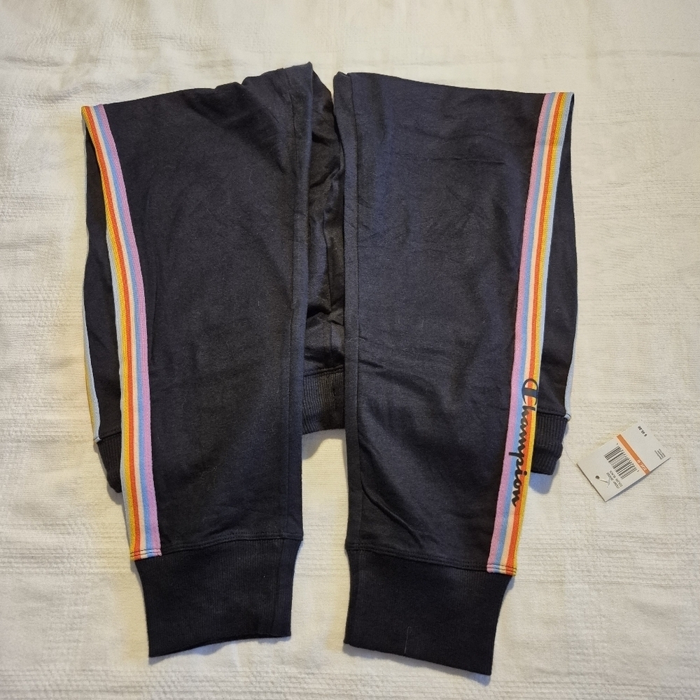 Champion women's size Medium black joggers, rainbow stripe on leg, 2 pockets NWT - Picture 4 of 9